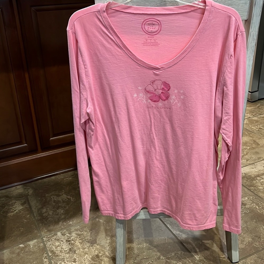 Size large, life is good, pink, V-neck tee